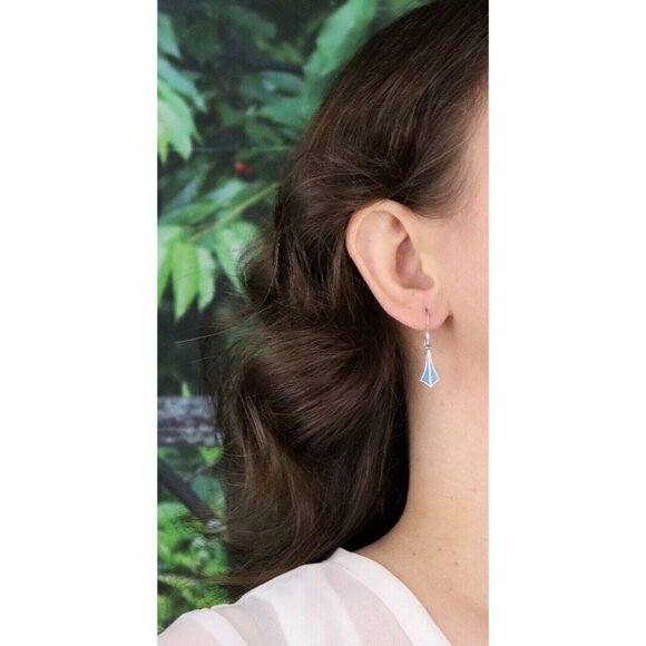 Sterling Silver Inlay Turquoise Earrings Dangle Drop 1 1/4" x 1/4" - Picture 4 of 8